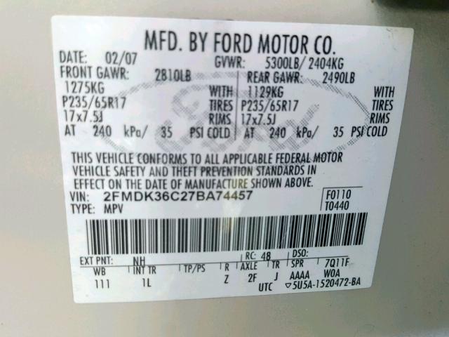 2FMDK36C27BA74457 - 2007 FORD EDGE SE WHITE photo 10