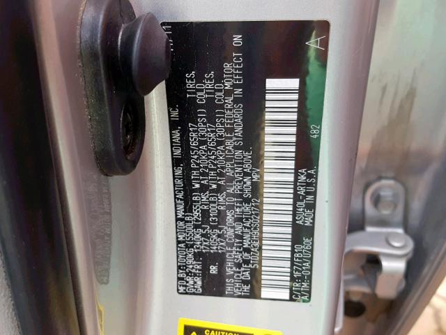 5TDZA3EH9CS021712 - 2012 TOYOTA HIGHLANDER SILVER photo 10