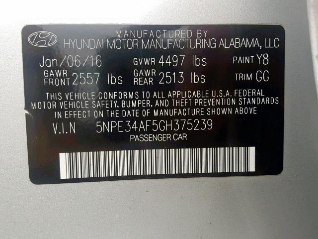 5NPE34AF5GH375239 - 2016 HYUNDAI SONATA SPO SILVER photo 10