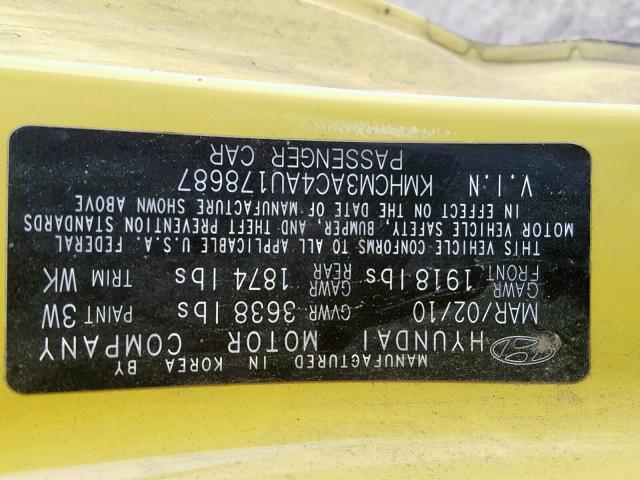 KMHCM3AC4AU178687 - 2010 HYUNDAI ACCENT BLU YELLOW photo 10