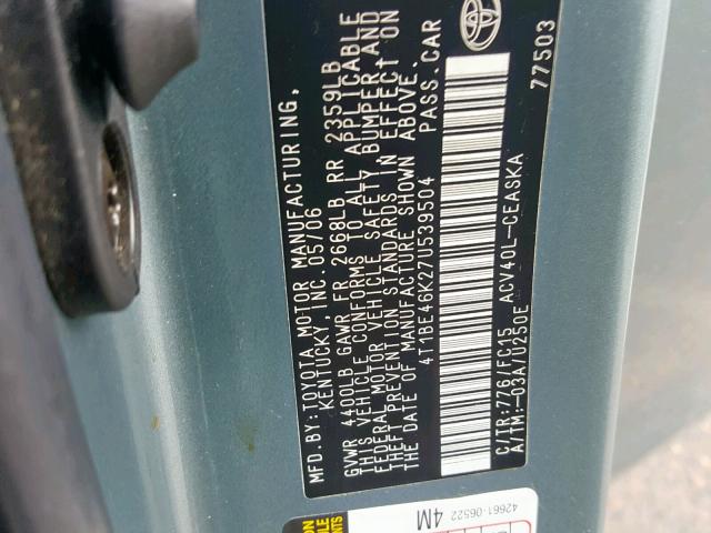 4T1BE46K27U539504 - 2007 TOYOTA CAMRY CE/L TEAL photo 10