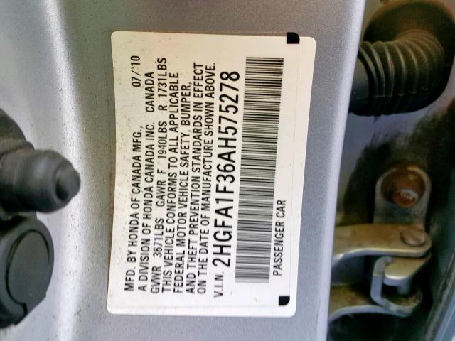 2HGFA1F36AH575278 - 2010 HONDA CIVIC VP SILVER photo 10