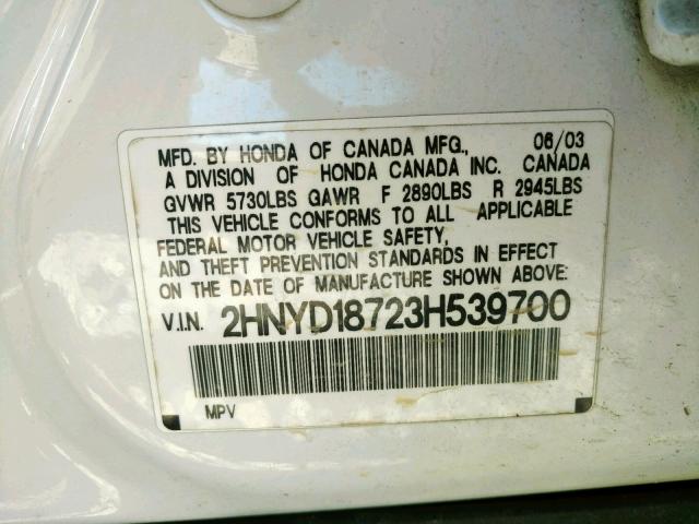 2HNYD18723H539700 - 2003 ACURA MDX TOURIN WHITE photo 10