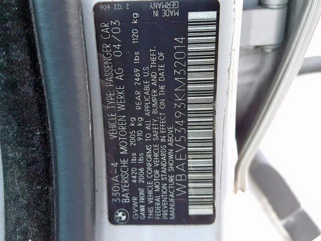 WBAEV53493KM32014 - 2003 BMW 330 I SILVER photo 10