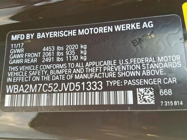 WBA2M7C52JVD51333 - 2018 BMW 230I BLACK photo 10