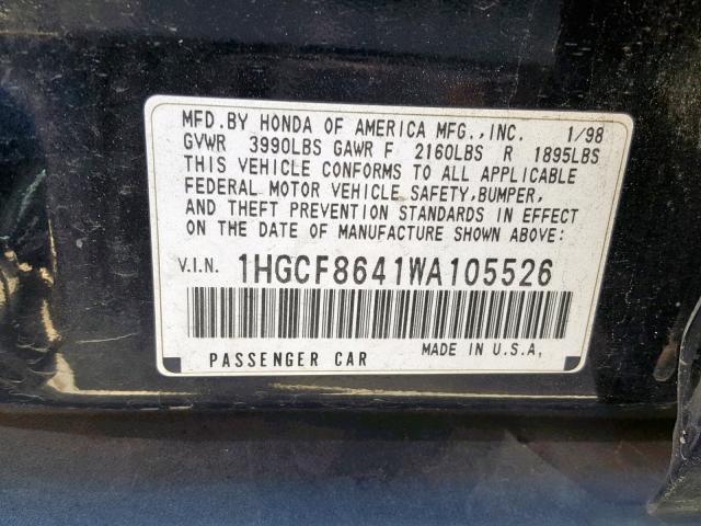 1HGCF8641WA105526 - 1998 HONDA ACCORD DX BLACK photo 10