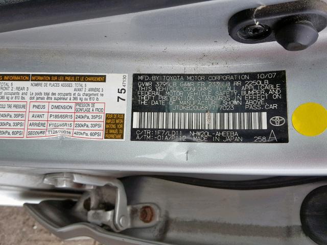 JTDKB20U687717023 - 2008 TOYOTA PRIUS SILVER photo 10