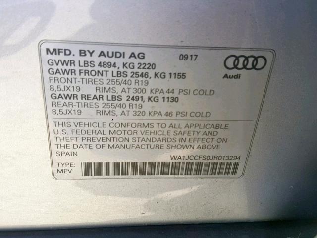 WA1JCCFS0JR013294 - 2018 AUDI Q3 PREMIUM SILVER photo 10