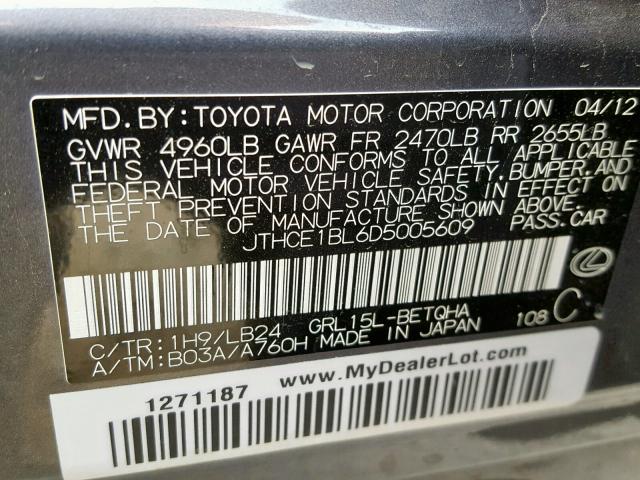 JTHCE1BL6D5005609 - 2013 LEXUS GS 350 GRAY photo 10