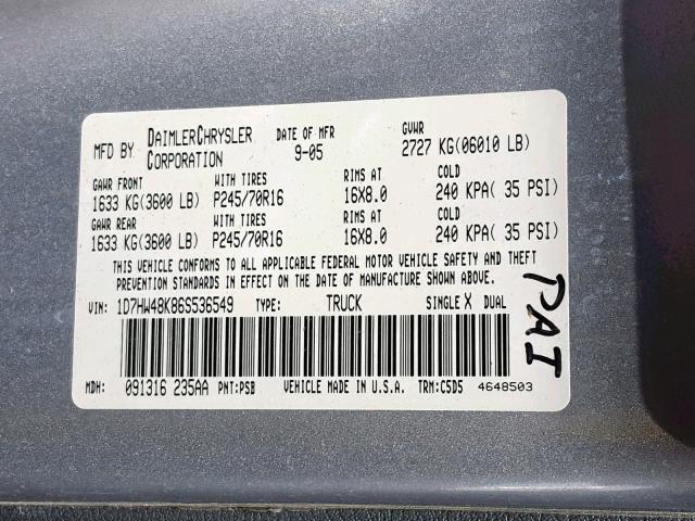 1D7HW48K86S536549 - 2006 DODGE DAKOTA QUA GRAY photo 10