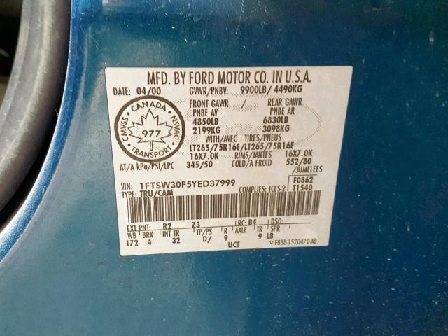 1FTSW30F5YED37999 - 2000 FORD F350 SRW S BLUE photo 10