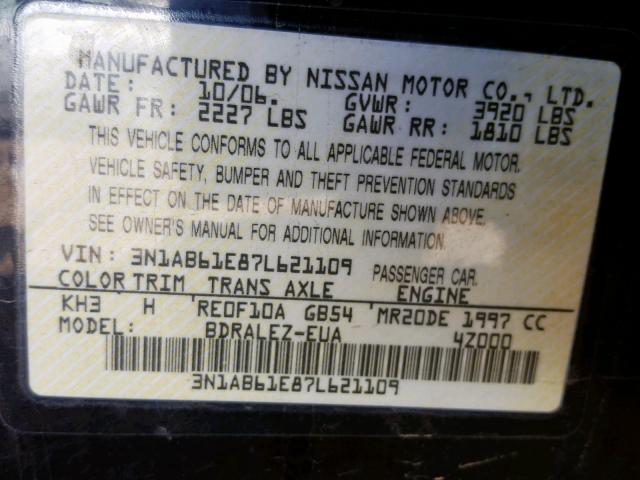 3N1AB61E87L621109 - 2007 NISSAN SENTRA 2.0 BLACK photo 10