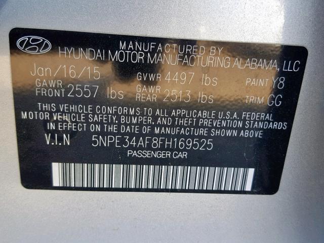 5NPE34AF8FH169525 - 2015 HYUNDAI SONATA SPO GRAY photo 10