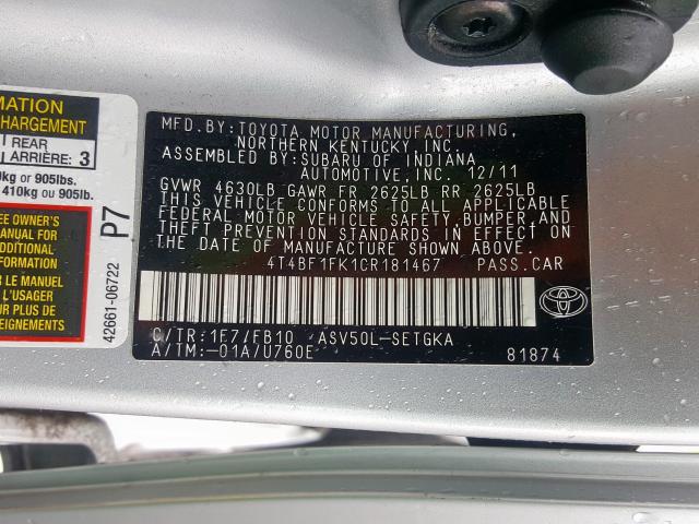 4T4BF1FK1CR181467 - 2012 TOYOTA CAMRY BASE  photo 10