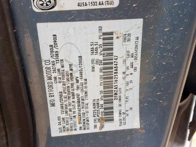 2FMZA51625BA84747 - 2005 FORD FREESTAR S BLUE photo 10