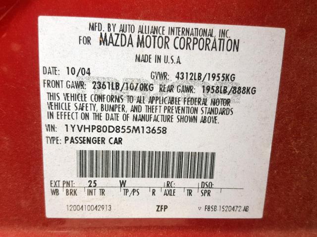 1YVHP80D855M13658 - 2005 MAZDA 6 S RED photo 10