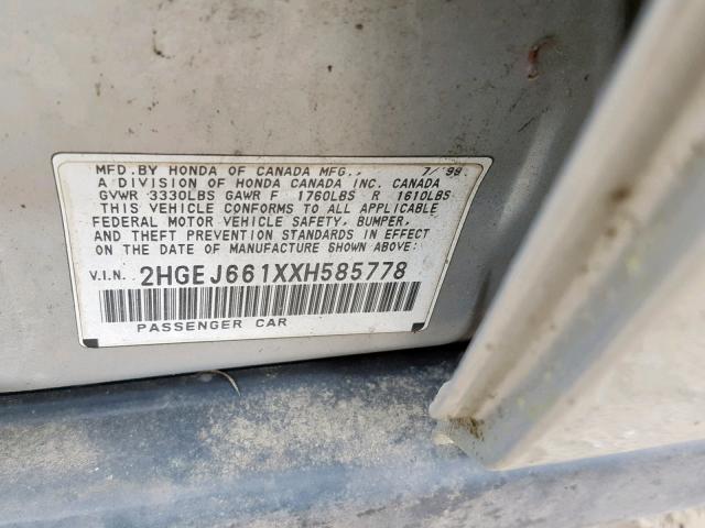 2HGEJ661XXH585778 - 1999 HONDA CIVIC BASE GRAY photo 10