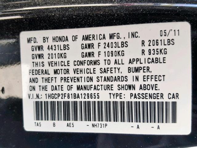 1HGCP2F81BA129655 - 2011 HONDA ACCORD EXL BLACK photo 10