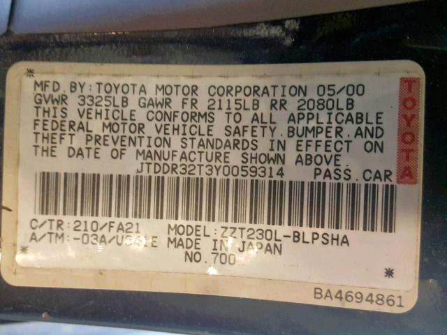 JTDDR32T3Y0059314 - 2000 TOYOTA CELICA GT BLUE photo 10