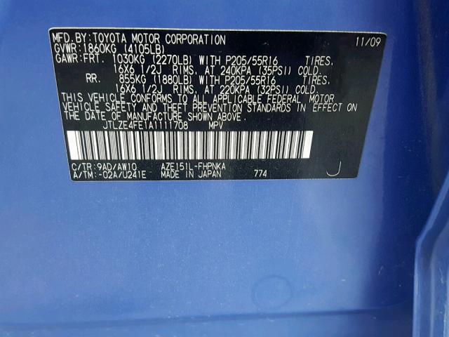 JTLZE4FE1A1111708 - 2010 TOYOTA SCION XB 蓝色 照片 10