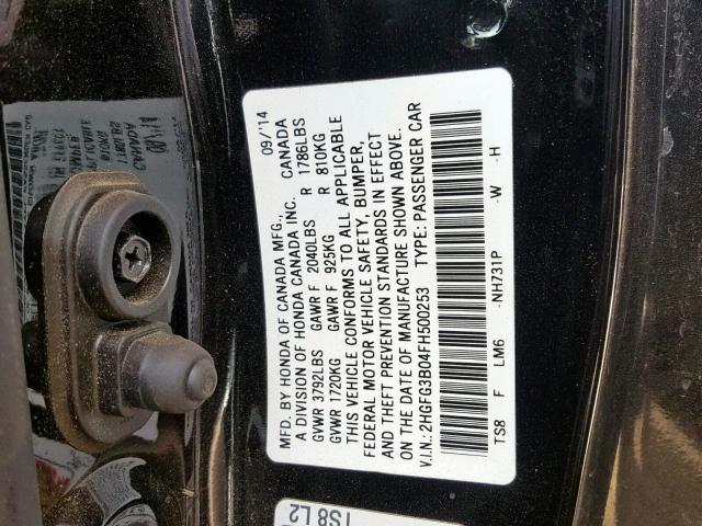 2HGFG3B04FH500253 - 2015 HONDA CIVIC EXL BLACK photo 10