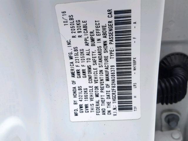 1HGCR2F82HA086379 - 2017 HONDA ACCORD EXL WHITE photo 10