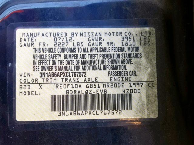 3N1AB6APXCL767572 - 2012 NISSAN SENTRA 2.0 BLUE photo 10