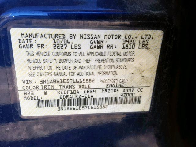 3N1AB61E57L615882 - 2007 NISSAN SENTRA 2.0 BLUE photo 10