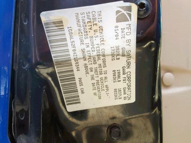 1G8AL52F04Z169344 - 2004 SATURN ION LEVEL BLUE photo 10