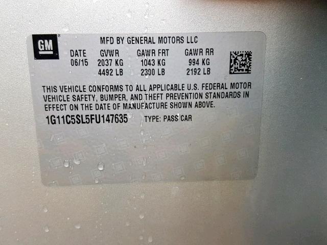 1G11C5SL5FU147635 - 2015 CHEVROLET MALIBU 1LT 银色 照片 10