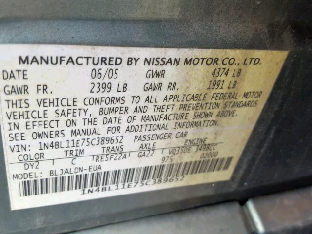 1N4BL11E75C389652 - 2005 NISSAN ALTIMA SE GREEN photo 10