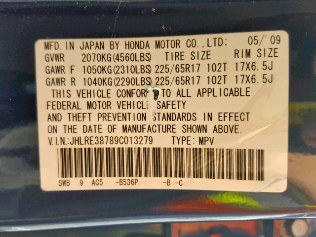 JHLRE38789C013279 - 2009 HONDA CR-V EXL BLUE photo 10