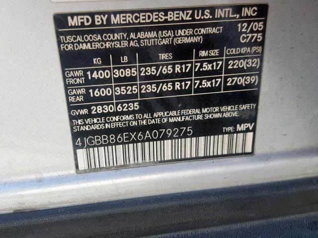 4JGBB86EX6A079275 - 2006 MERCEDES-BENZ ML 350 SILVER photo 10