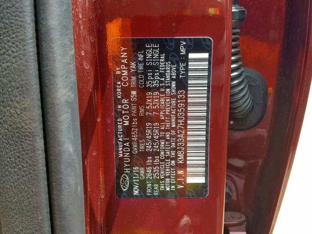 KM8J33A27HU359133 - 2017 HYUNDAI TUCSON LIM MAROON photo 10