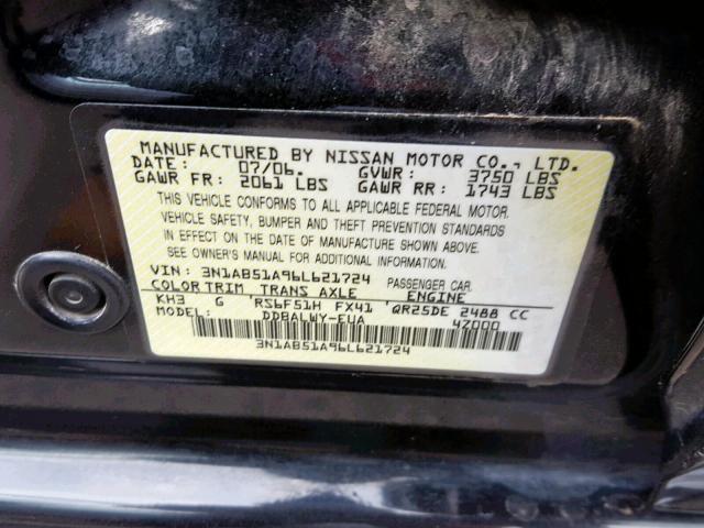 3N1AB51A96L621724 - 2006 NISSAN SENTRA SE- BLACK photo 10