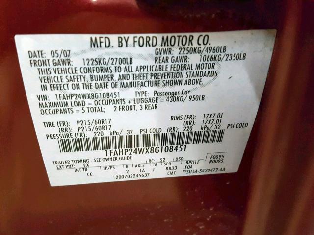 1FAHP24WX8G108451 - 2008 FORD TAURUS SEL MAROON photo 10