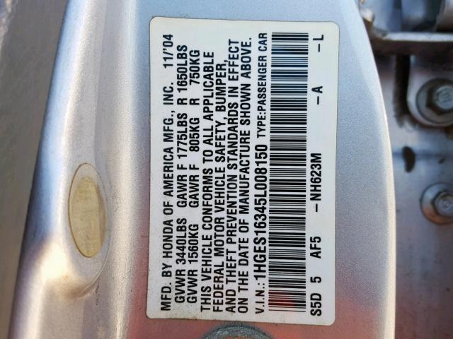 1HGES16345L008150 - 2005 HONDA CIVIC DX V SILVER photo 10