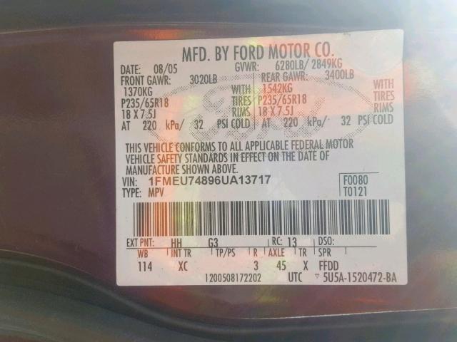 1FMEU74896UA13717 - 2006 FORD EXPLORER E MAROON photo 10