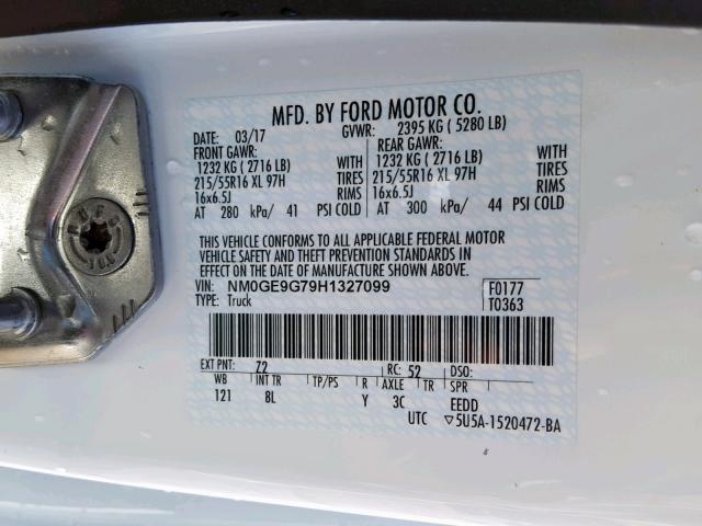 NM0GE9G79H1327099 - 2017 FORD TRANSIT CO WHITE photo 10