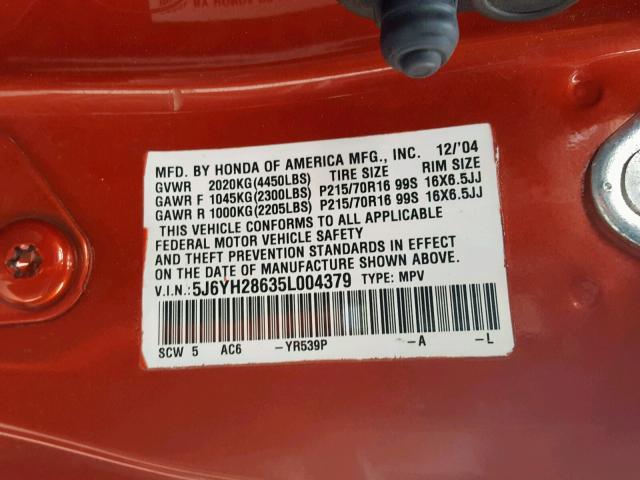 5J6YH28635L004379 - 2005 HONDA ELEMENT EX ORANGE photo 10