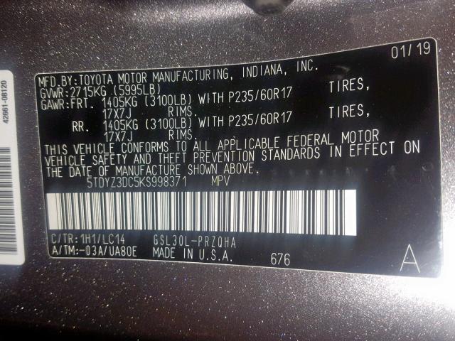 5TDYZ3DC5KS998371 - 2019 TOYOTA SIENNA LIM GRAY photo 10