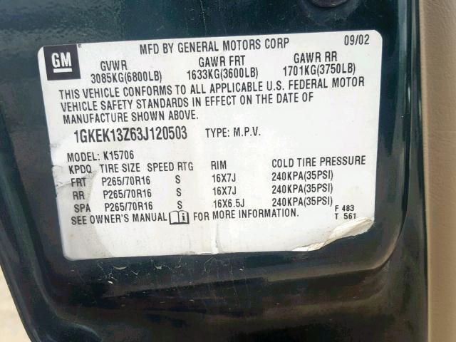 1GKEK13Z63J120503 - 2003 GMC YUKON GREEN photo 10