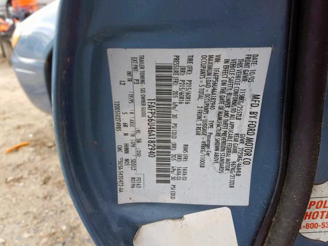 1FAFP56U46A182940 - 2006 FORD TAURUS SEL BLUE photo 10