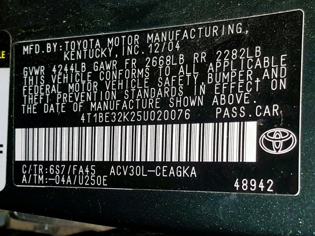 4T1BE32K25U020076 - 2005 TOYOTA CAMRY LE GREEN photo 10