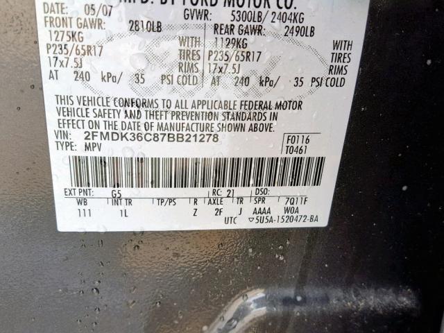 2FMDK36C87BB21278 - 2007 FORD EDGE SE GRAY photo 10