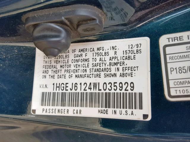 1HGEJ6124WL035929 - 1998 HONDA CIVIC DX GREEN photo 10