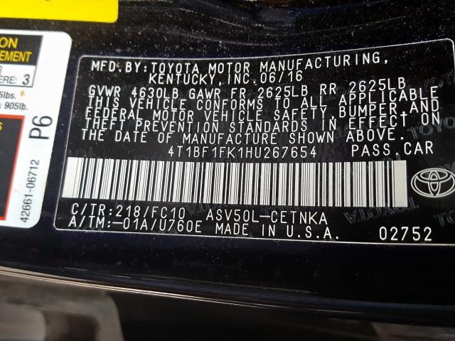 4T1BF1FK1HU267654 - 2017 TOYOTA CAMRY LE  photo 10