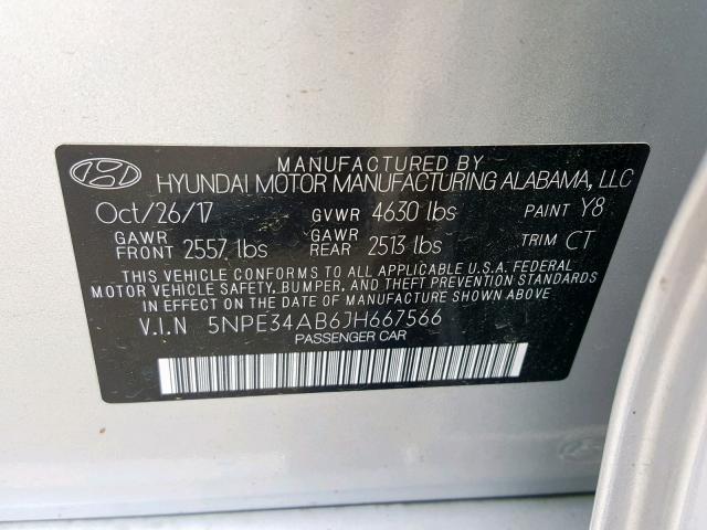 5NPE34AB6JH667566 - 2018 HYUNDAI SONATA SPO SILVER photo 10