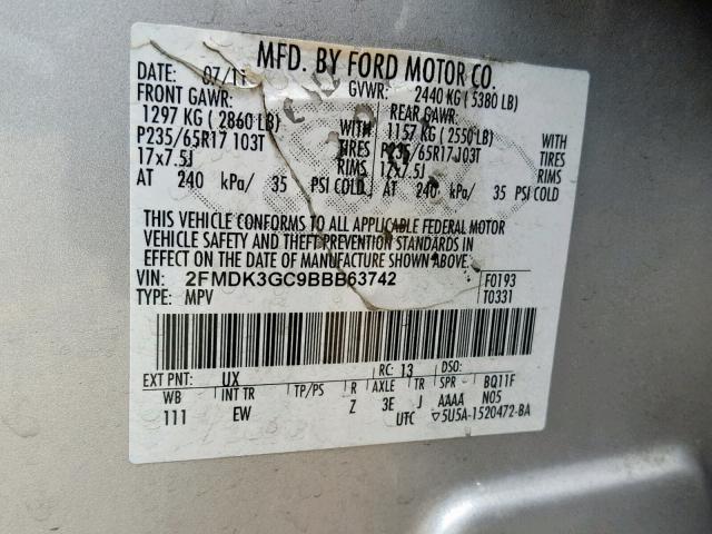 2FMDK3GC9BBB63742 - 2011 FORD EDGE SE SILVER photo 10