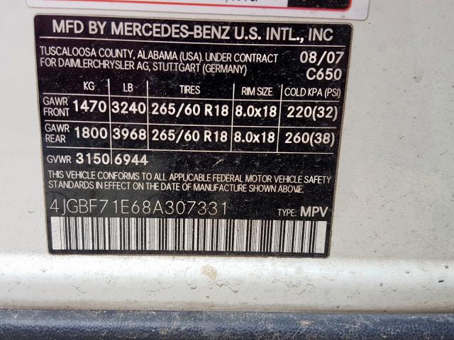 4JGBF71E68A307331 - 2008 MERCEDES-BENZ GL 450 4MATIC  photo 10